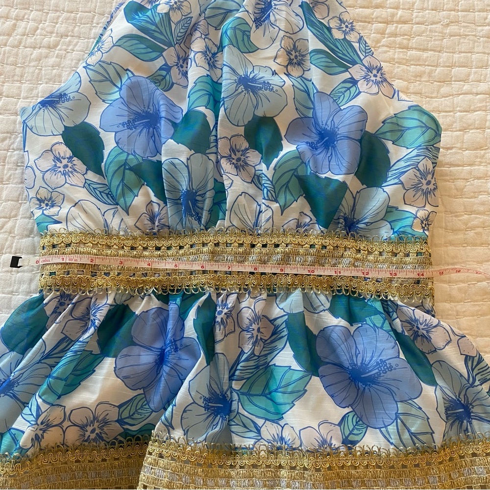 Blue High Neck Hibiscus Dress - Picture 5 of 6